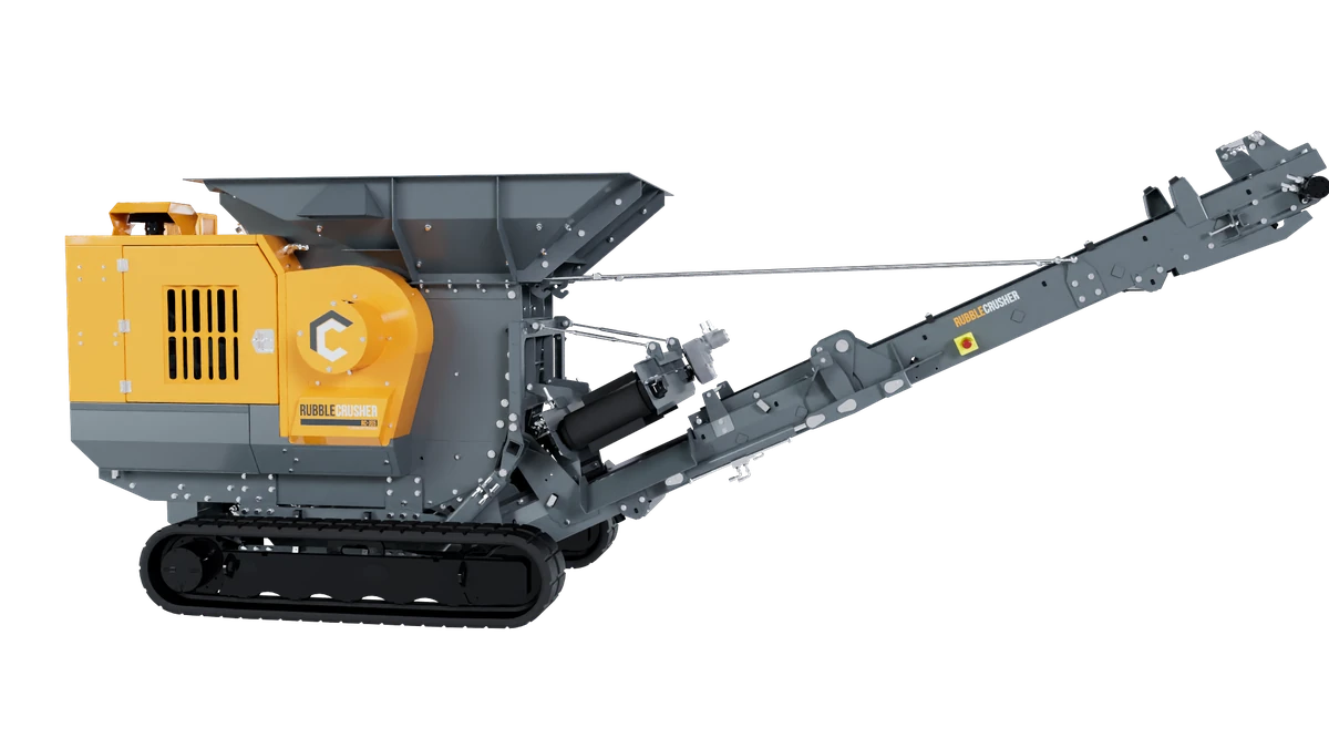 RubbleCrusher RC-J65 tracked jaw crusher 3D render showing side profile with feed hopper, jaw chamber, and discharge conveyor