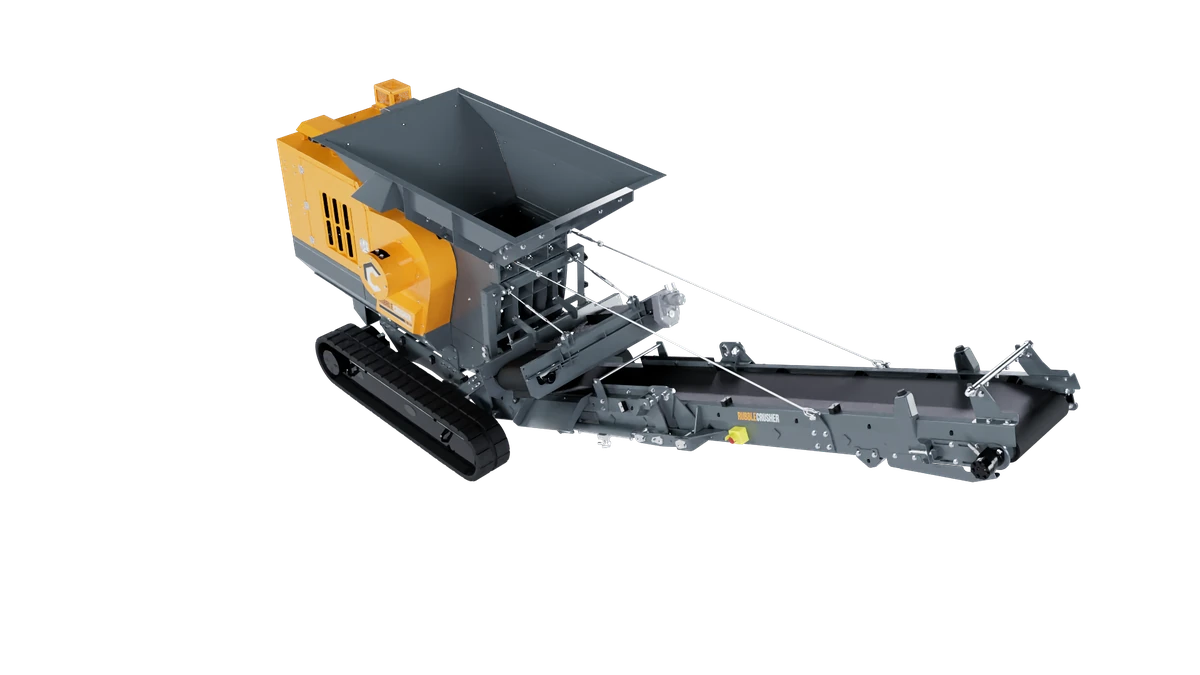 RubbleCrusher RC-J65 tracked jaw crusher 3D render showing extended discharge conveyor, feed hopper, and tracked undercarriage