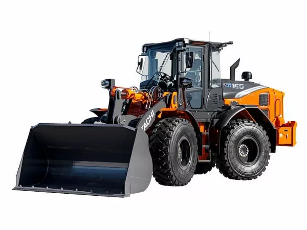 Hitachi-ZW160 scooping up dirt.